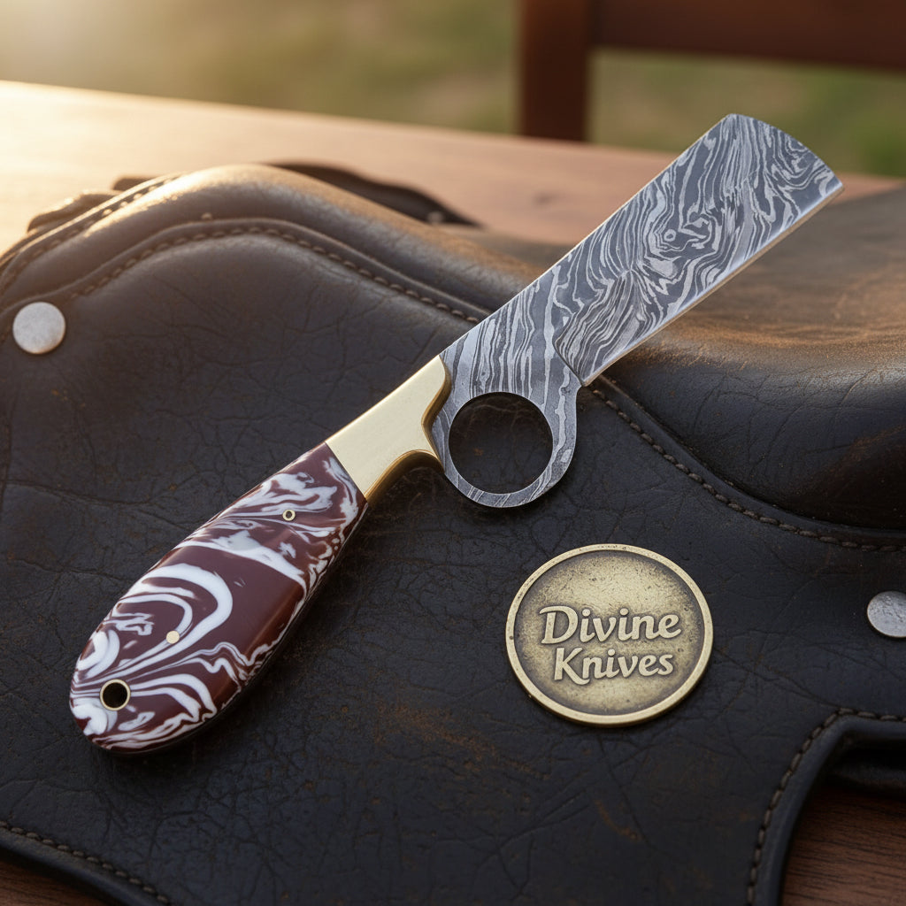 Twist Pattern Bull Cutter Knife with Red Marbled Resin Handle for Ranch Work and Collecting