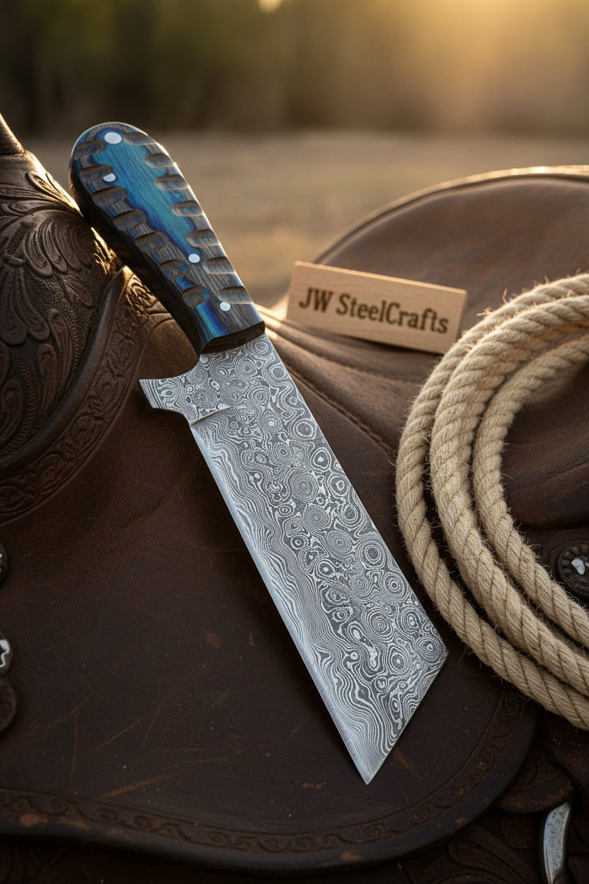 Western Bull Cutter 7” Knife – Damascus Ranch Blade with Blue Stabilized Handle &amp; Sheath