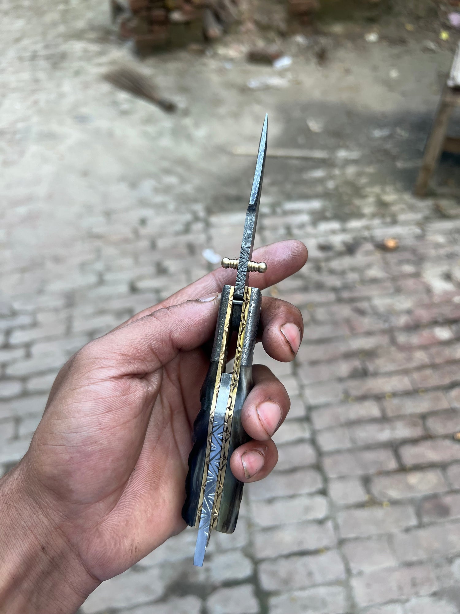 Grithorn Damascus Folder 7" Handmade Horn Handle Lock Back Mechanism
