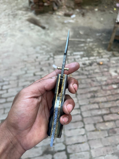 Grithorn Damascus Folder 7" Handmade Horn Handle Lock Back Mechanism