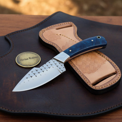 Rasp Blue Resin Skinner with Textured Blade and Leather Sheath
