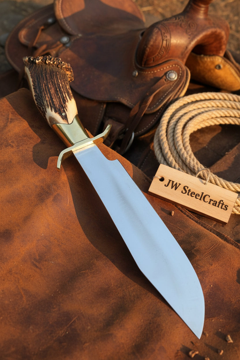 Handmade Carbon Steel Hunting Knife with Stag Horn Handle &amp; Leather Sheath
