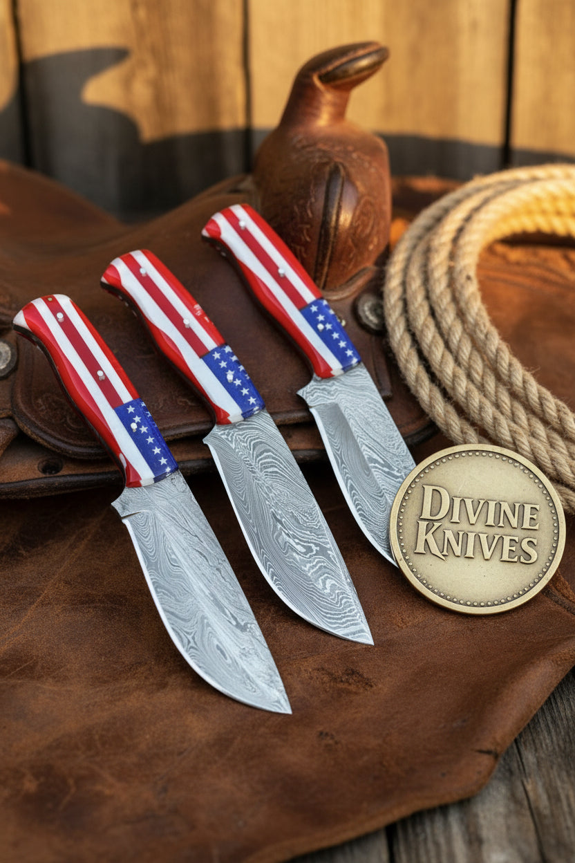 Damascus Skinner Knife Set with American Flag Handles (Set of 3)