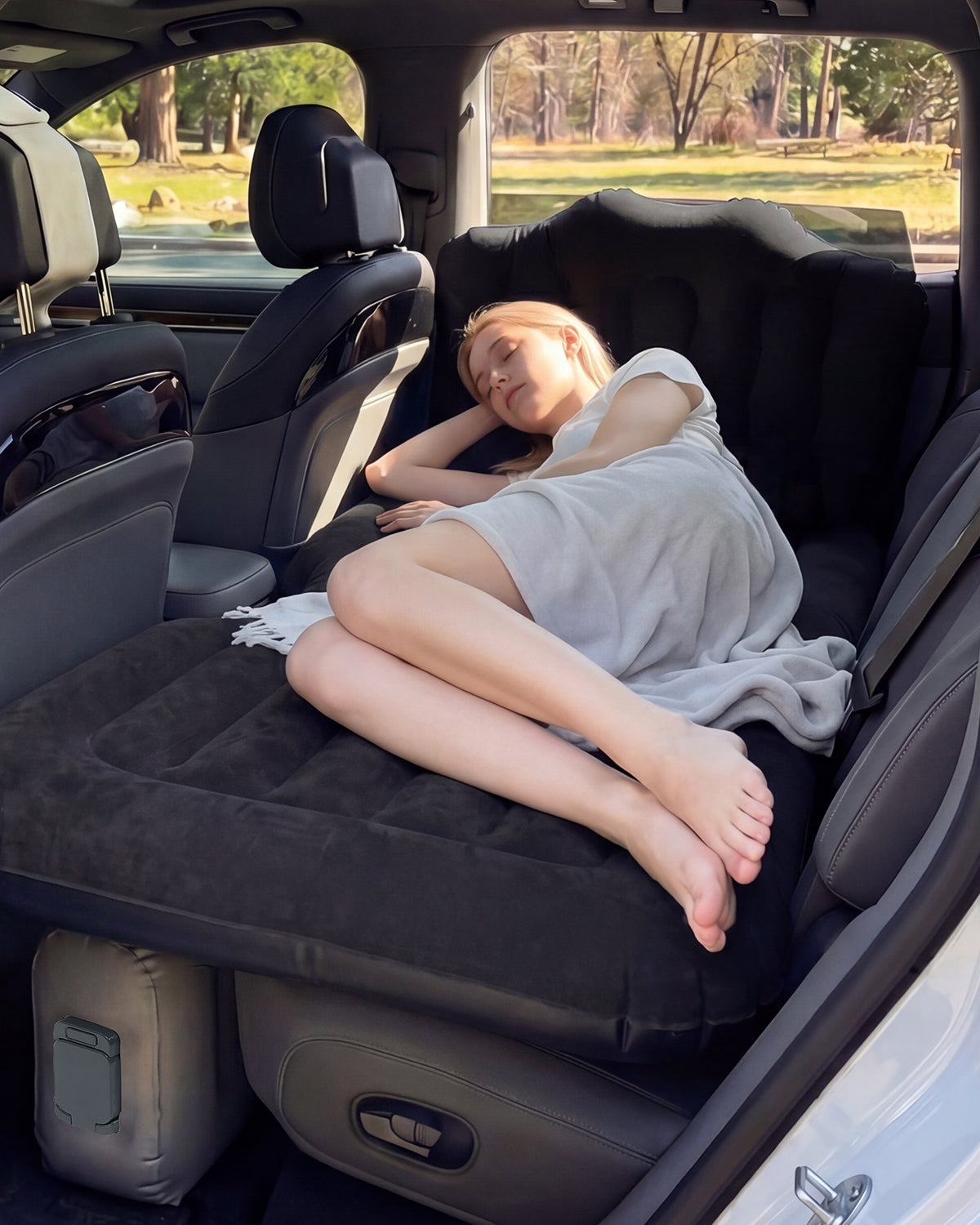 Umbrauto Back Seat Car Air Mattress with Built-in Rechargeable Pump: Cordless Inflatable Car Bed for Rear Seat Camping, 1-Click Fast Setup Thickened Flocking Sleeping Pad for Sedan, Truck &amp; SUV