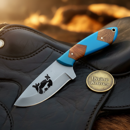 Cattle Engraved Drop Point Knife with Blue Resin &amp; Wood Inlay for Field Dressing Tasks