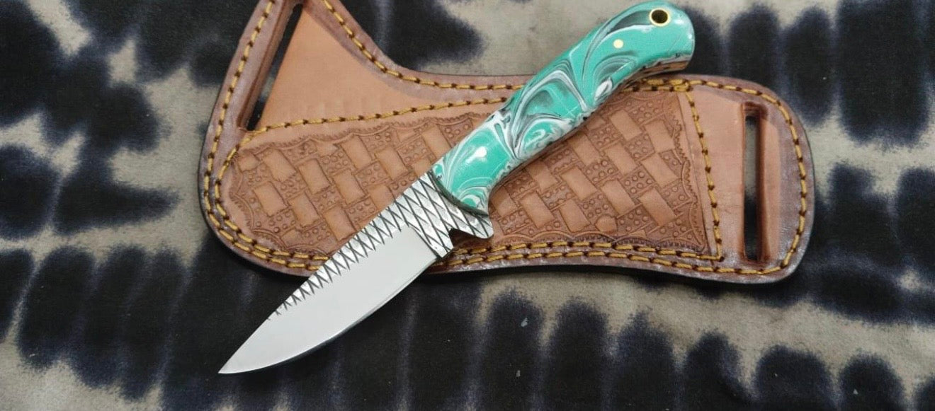 Mint Green Swirl Resin Rasp Cowboy Knife with Rasp-Style Blade