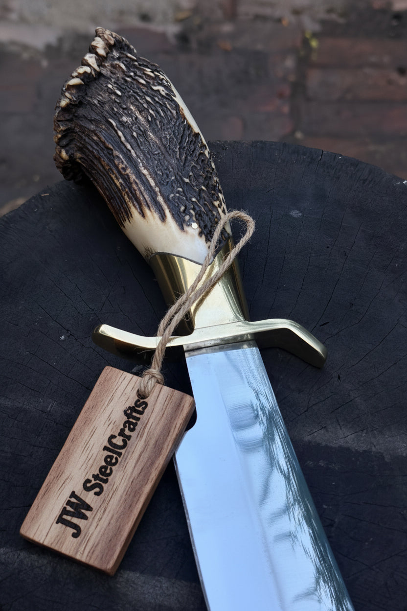 Handmade Carbon Steel Hunting Knife with Stag Horn Handle &amp; Leather Sheath