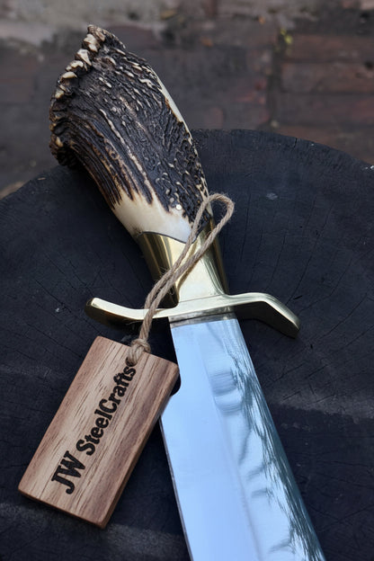 Handmade Carbon Steel Hunting Knife with Stag Horn Handle &amp; Leather Sheath