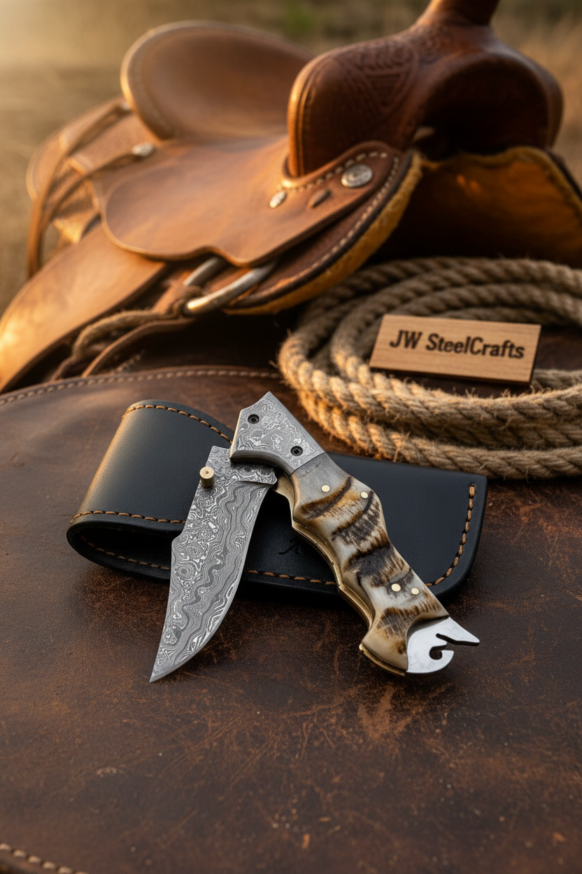 Damascus Grizzly Claw Pocket Knife with Stag Horn Handle