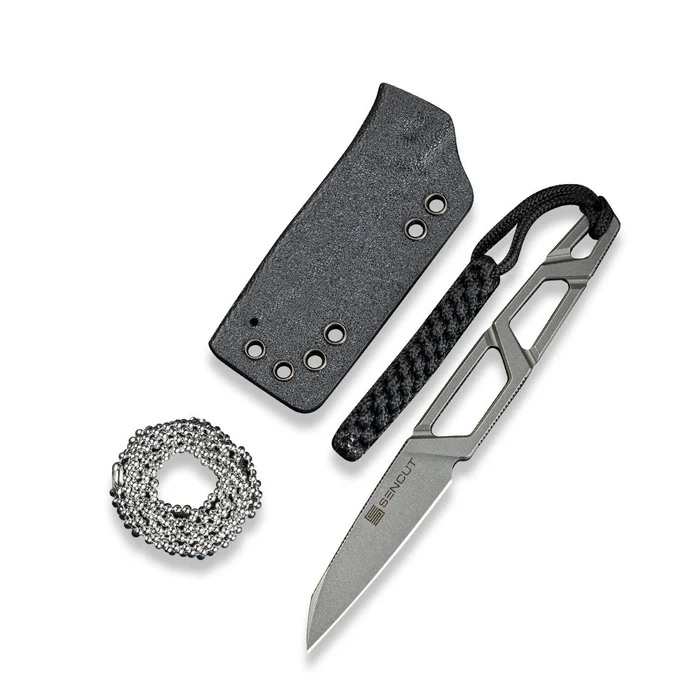 TEXO Fixed Blade Neck Knife 1.97 Stonewash 9Cr18MoV Reverse Tanto Plain Edge Blade, Skeletonized Handle &amp; Kydex Sheath