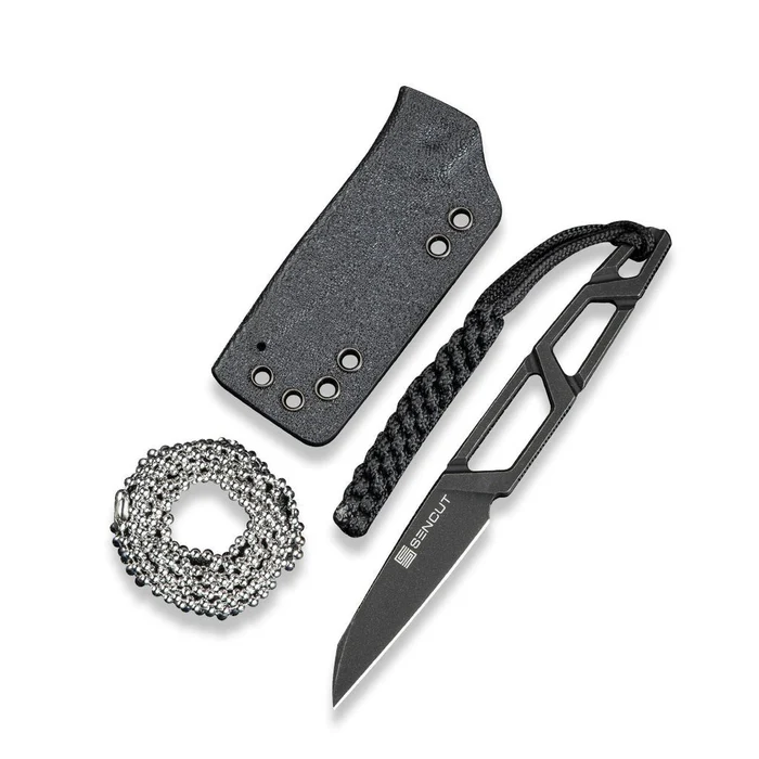 TEXO Fixed Blade Neck Knife 1.97 Black 9Cr18MoV Reverse Tanto Plain Edge Blade, Skeletonized Handle &amp; Kydex Sheath