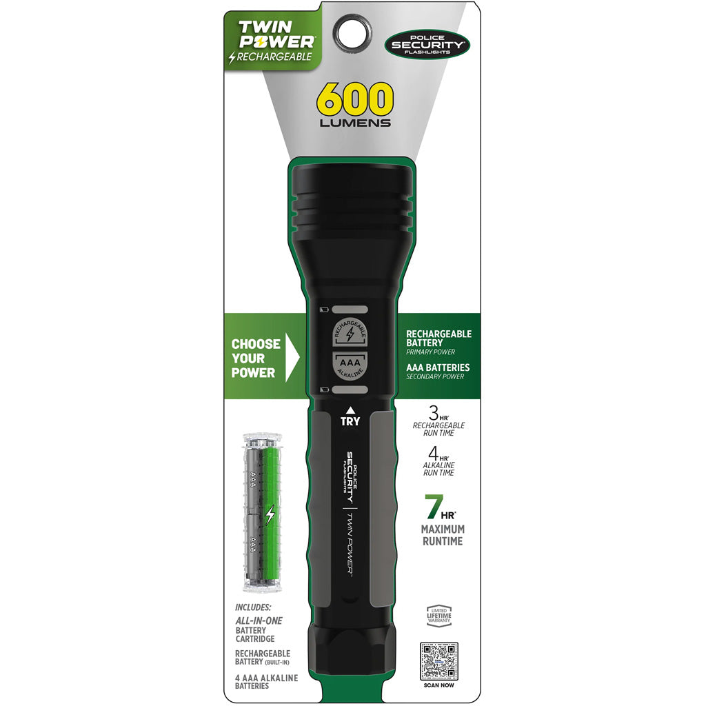 Police Security Twin Power Flashlight 600 Lumen with Rechargeable Battery and Adjustable Beam
