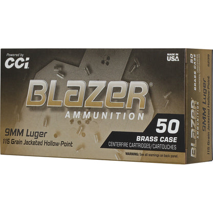 CCI Blazer Brass HP 9mm Luger Pistol Ammo - 115 Grain Jacketed Hollow Point - 50 Rounds