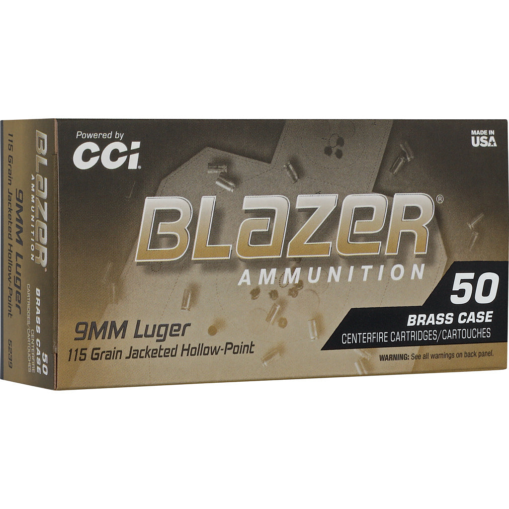 CCI Blazer Brass HP 9mm Luger Pistol Ammo - 115 Grain Jacketed Hollow Point - 50 Rounds