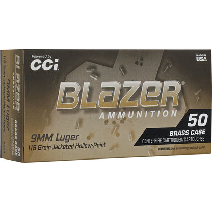 CCI Blazer Brass HP 9mm Luger Pistol Ammo - 115 Grain Jacketed Hollow Point - 50 Rounds