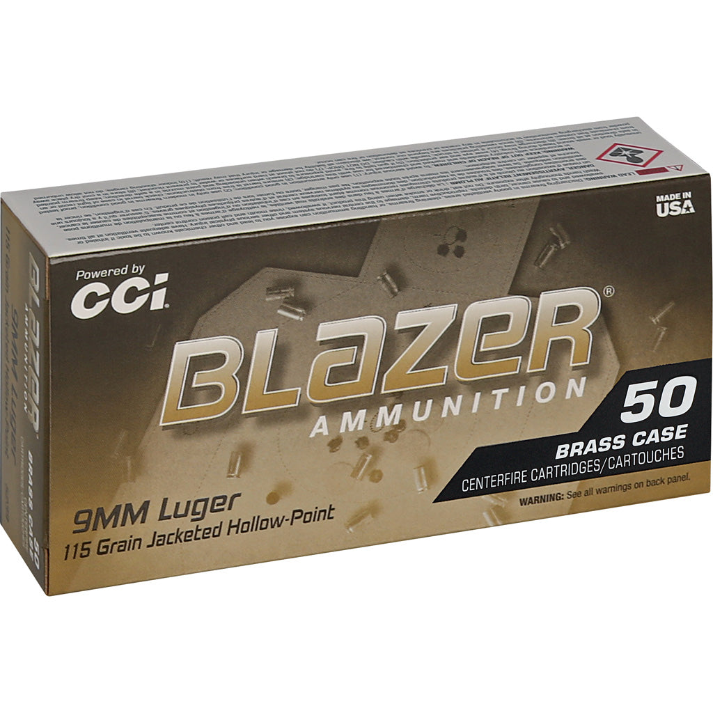 CCI Blazer Brass HP 9mm Luger Pistol Ammo - 115 Grain Jacketed Hollow Point - 50 Rounds