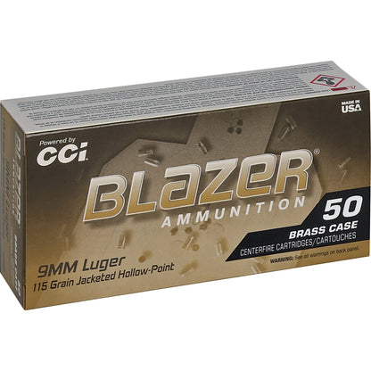 CCI Blazer Brass HP 9mm Luger Pistol Ammo - 115 Grain Jacketed Hollow Point - 50 Rounds