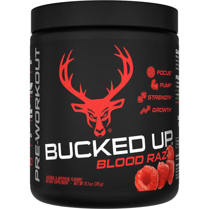 Bucked Up Pre-Workout Blood Raz * 30 Serving Tub with 200mg Caffeine for Focus &amp; Strength