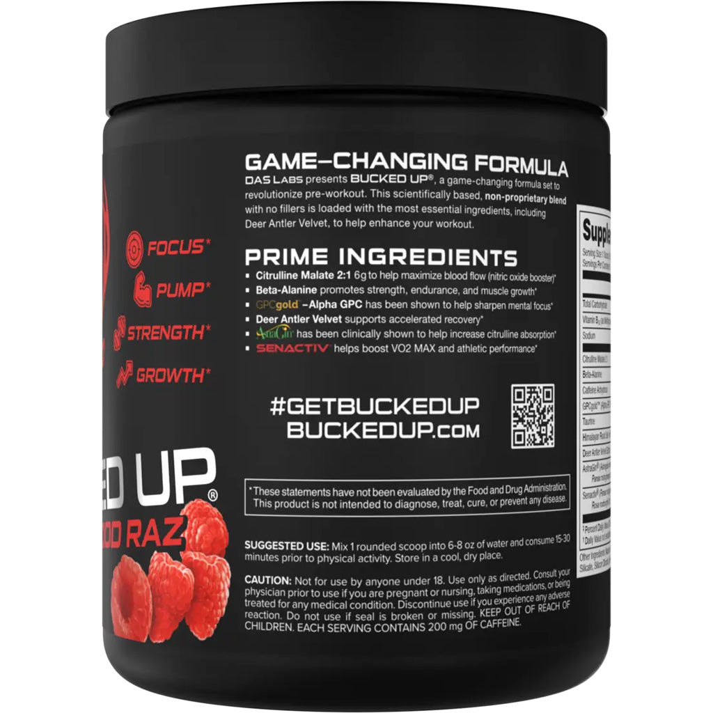 Bucked Up Pre-Workout Blood Raz * 30 Serving Tub with 200mg Caffeine for Focus &amp; Strength