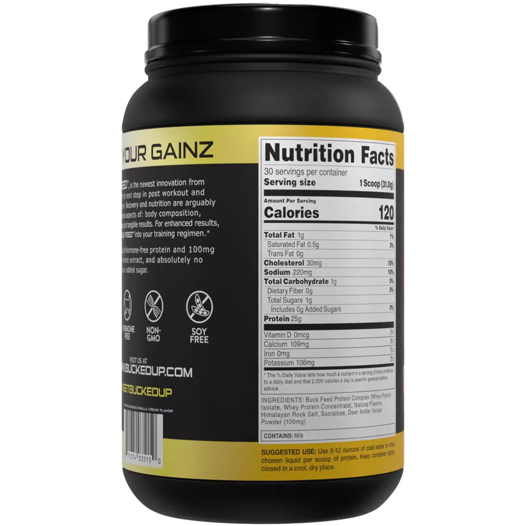 Bucked Up Buck Feed Protein Swole Whipe 30 Serving Tub * Hormone-Free Whey Protein with Deer Antler Velvet Powder