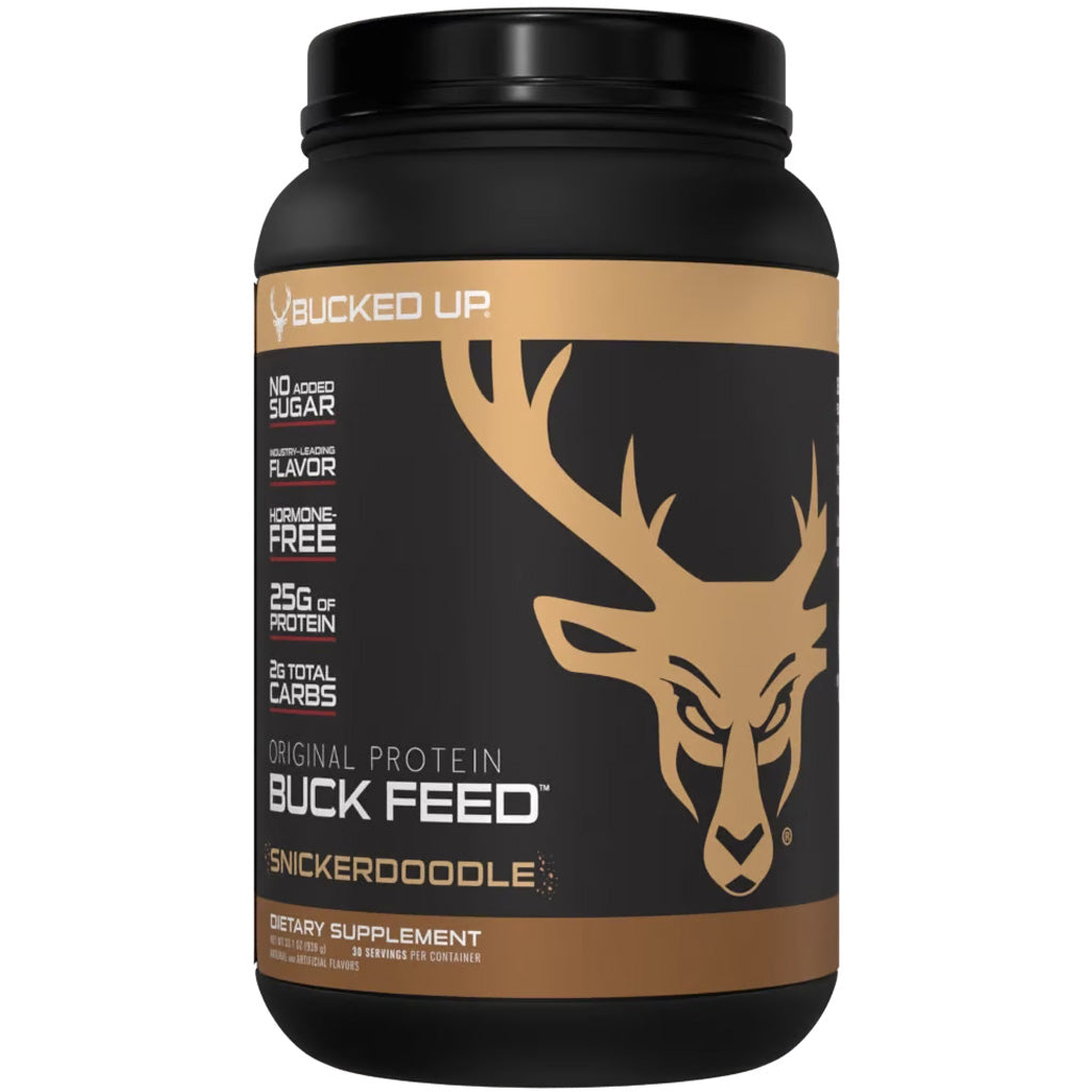 Bucked Up Buck Feed Protein Snickerdoodle 30 Serving Tub * Hormone-Free Whey Protein Isolate with Deer Antler Velvet Powder