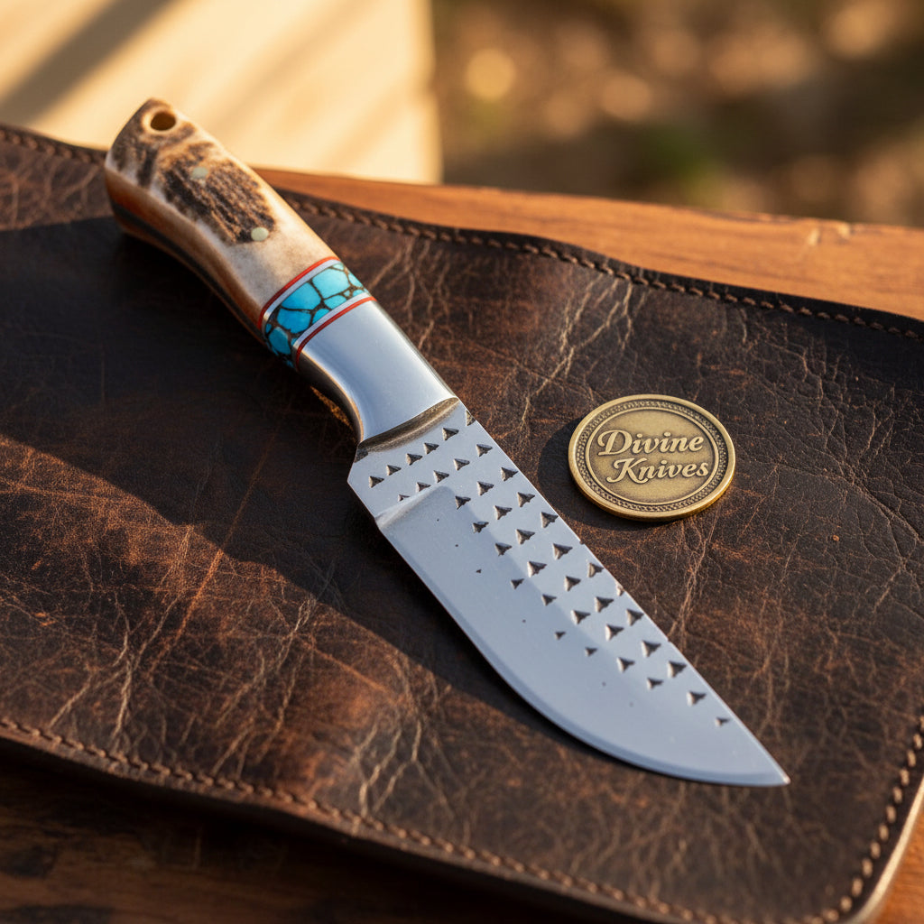 Antler Turquoise Rasp Cowboy Belt Knife with Etched Blade