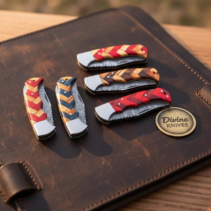 Damascus Chevron Wood Pocket Knife Set for Everyday Carry