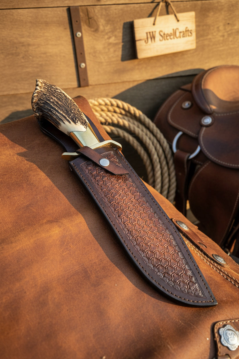 Handmade Carbon Steel Hunting Knife with Stag Horn Handle &amp; Leather Sheath