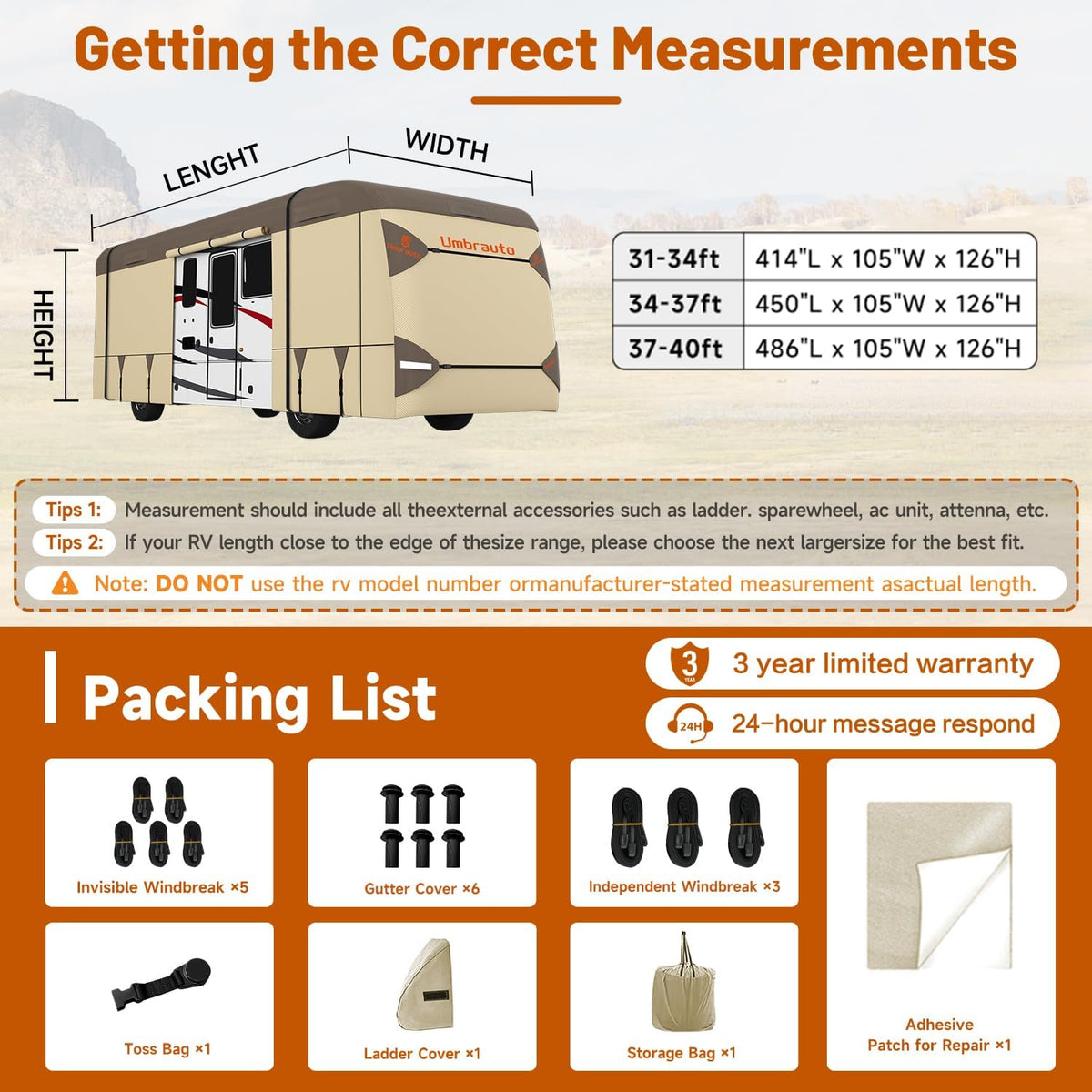 Umbrauto Class A RV Cover Upgraded Heavy Duty 7 Layers Top Windproof Breathable Class A Motorhome Camper Cover,Khaki