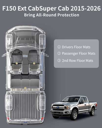 Umbrauto Custom Fit Floor Mats for Ford F150 SuperCab (Extended Cab) 2015-2025 2026 (Not for SuperCrew Cab), All Weather TPE Automotive Pickup Truck Liners for Front &amp; Rear Row