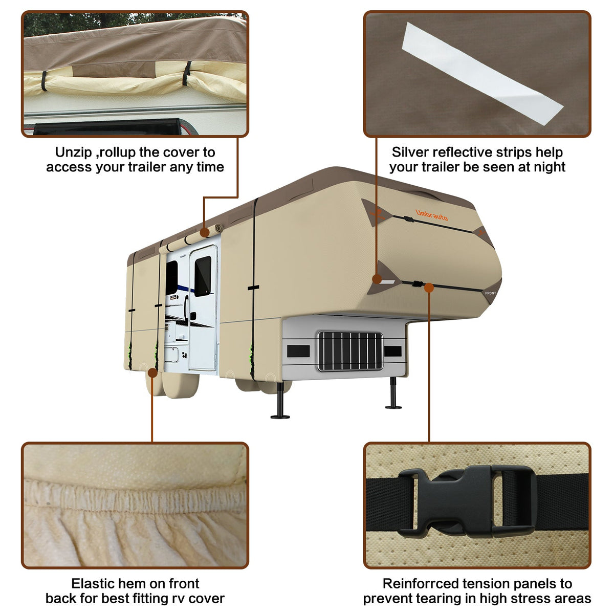 Umbrauto Umbrauto 5th Wheel RV Cover | 7-Layer Waterproof &amp; UV-Proof Camper Trailer Cover with Tire Covers, Tongue Jack Cover &amp; Windproof Ropes
