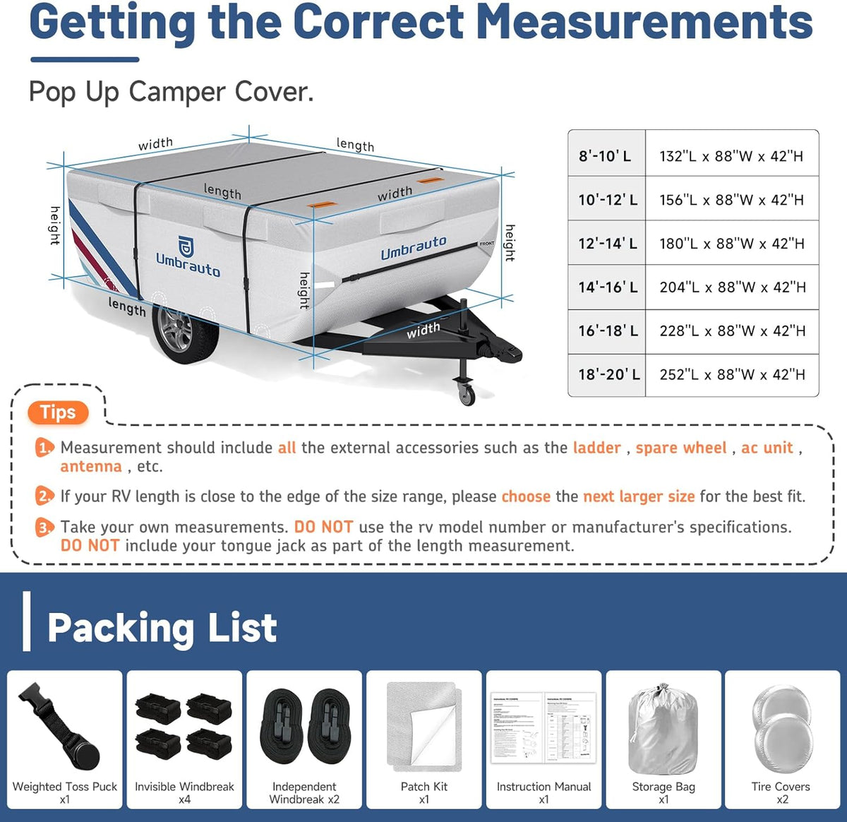 Umbrauto Pop Up Camper Cover, Folding Tent Trailers, 300D Silver Oxford, Waterproof, Windproof, Sun-Resistant, Tear-Resistant, Heavy-Duty RV Cover with Straps &amp; Air Vents