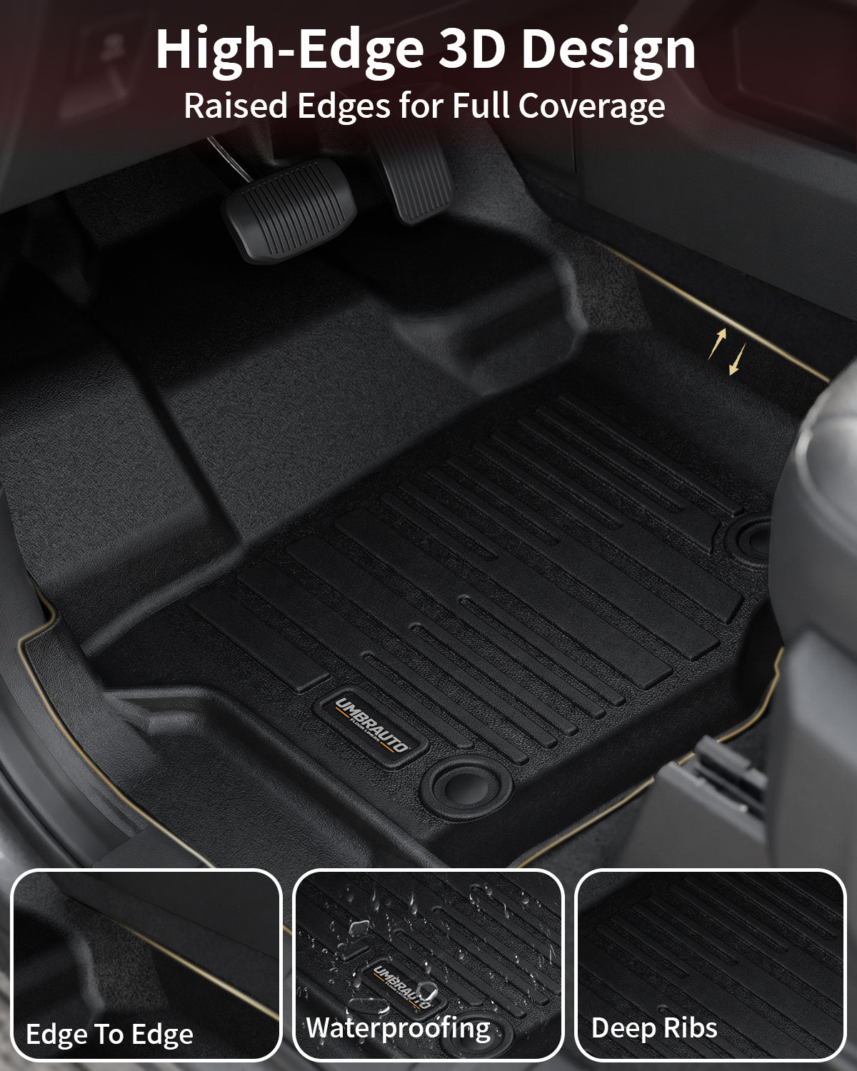 Umbrauto All Weather Floor Mats for Ford F150 SuperCrew 2015-2025 2026 &amp; Lightning 2022-2026, Custom Fit TPE Truck Floor Liners, Waterproof Heavy Duty Full Coverage, Rear w/o Fold Flat Storage