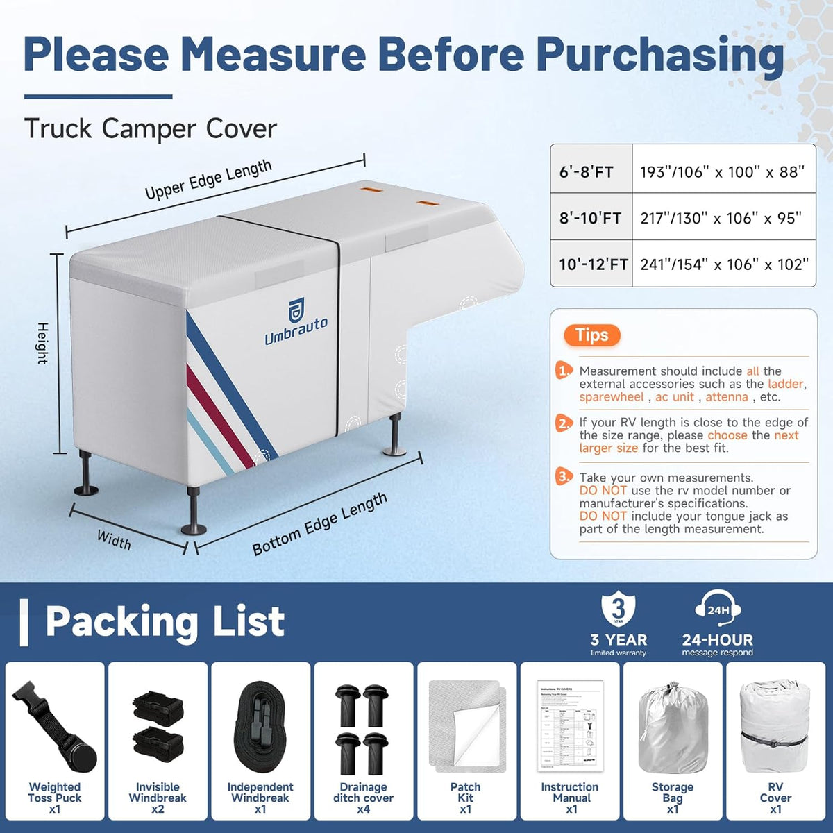 Umbrauto Slide-In Truck Camper Cover — 300D Oxford Waterproof RV Cover, Silver-Coated All-Weather Protection with Windproof Straps &amp; Air Vents