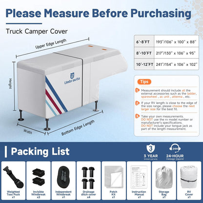 Umbrauto Slide-In Truck Camper Cover — 300D Oxford Waterproof RV Cover, Silver-Coated All-Weather Protection with Windproof Straps &amp; Air Vents