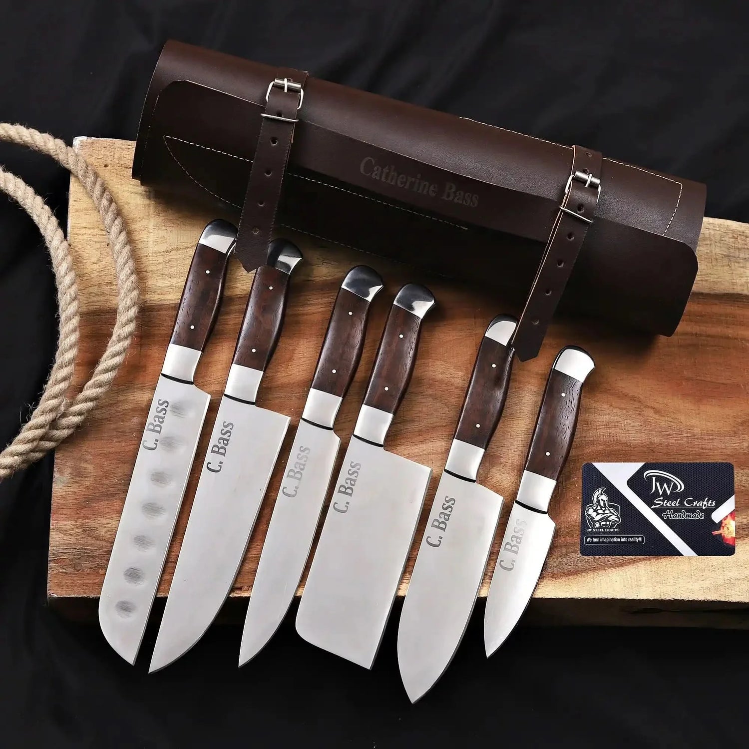 Handmade 6 Piece Chef Knife Set with Leather Roll – Full Tang Kitchen Knives Set with Cleaver, Chef, Santoku, Utility &amp; Paring