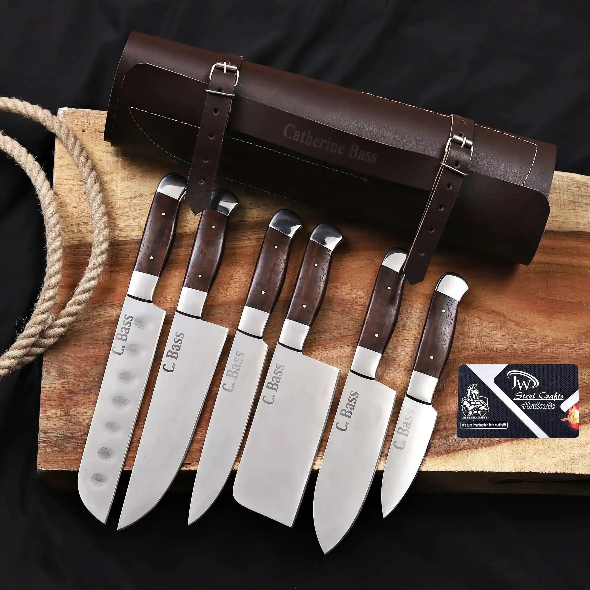 Handmade 6 Piece Chef Knife Set with Leather Roll – Full Tang Kitchen Knives Set with Cleaver, Chef, Santoku, Utility &amp; Paring