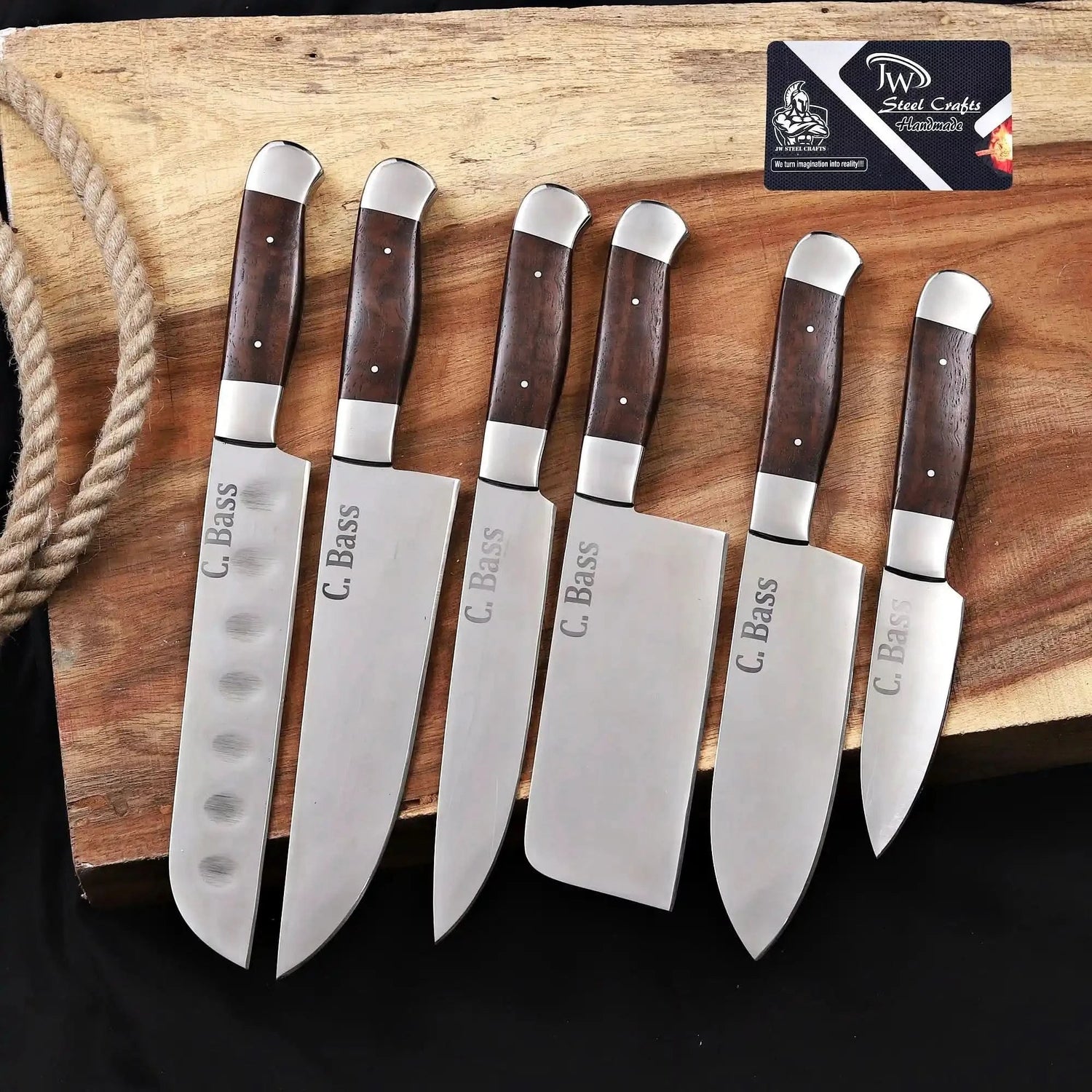 Handmade 6 Piece Chef Knife Set with Leather Roll – Full Tang Kitchen Knives Set with Cleaver, Chef, Santoku, Utility &amp; Paring