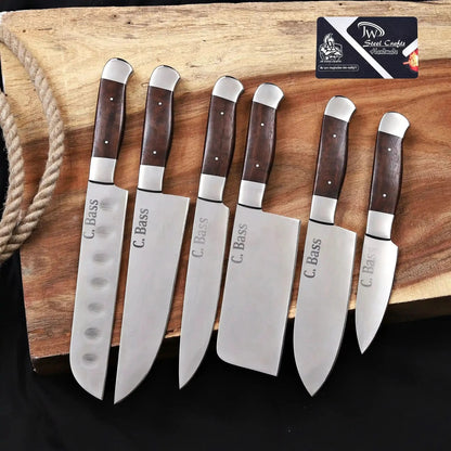 Handmade 6 Piece Chef Knife Set with Leather Roll – Full Tang Kitchen Knives Set with Cleaver, Chef, Santoku, Utility &amp; Paring