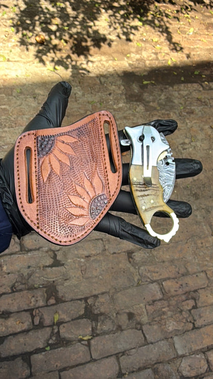 Wolf Claw Damascus Folding Karambit with Engraved Wolf Bolster&amp;nbsp;