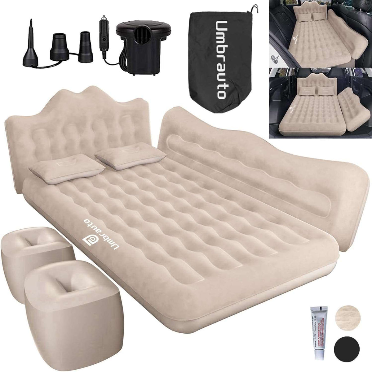 Umbrauto 29.53in/75cm Wide Car Air Mattress Inflatable SUV, Truck &amp; Van Back Seat Camping Bed with Pump &amp; Pillows, Beige