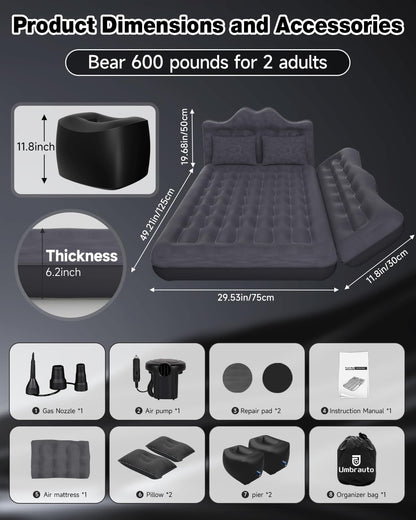 Umbrauto 29.53in/75cm Wide Car Air Mattress Inflatable SUV, Truck &amp; Van Back Seat Camping Bed with Pump &amp; Pillows,Black
