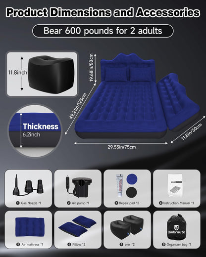 Umbrauto 29.53in/75cm Wide Car Air Mattress Inflatable SUV, Truck &amp; Van Back Seat Camping Bed with Pump &amp; Pillows, Navy