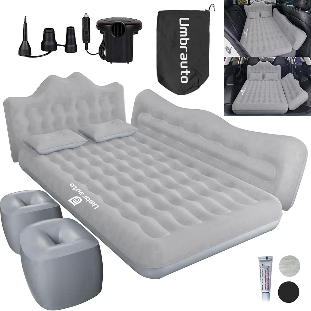 Umbrauto 29.53in/75cm Wide Car Air Mattress Inflatable SUV, Truck &amp; Van Back Seat Camping Bed with Pump &amp; Pillows, Gray