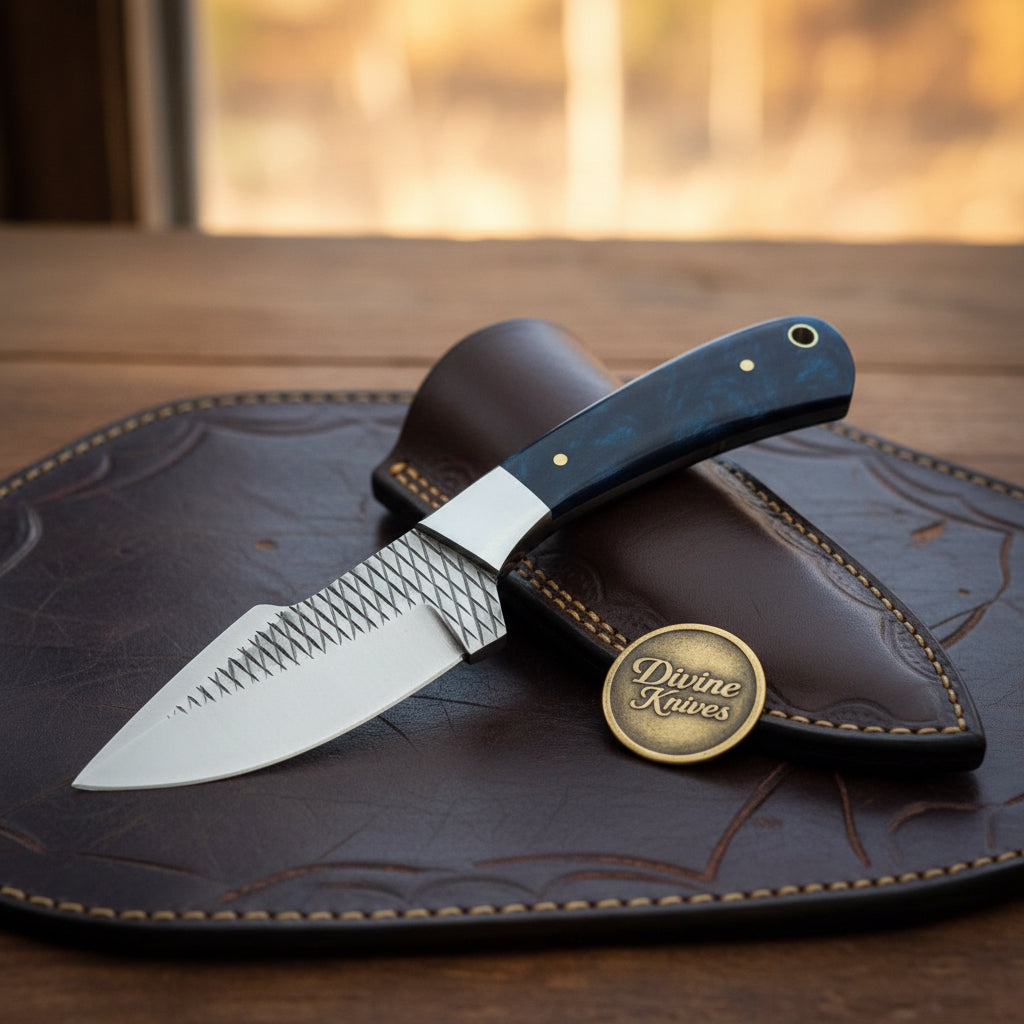 Rasp Blue Resin Skinner with Textured Blade and Leather Sheath