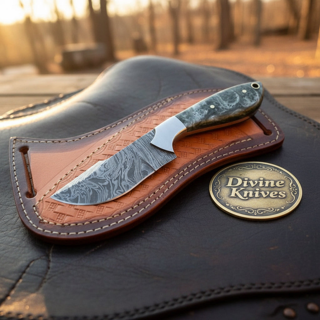 Damascus Charcoal Burl Resin Cowboy Knife with Wood Grain Blade