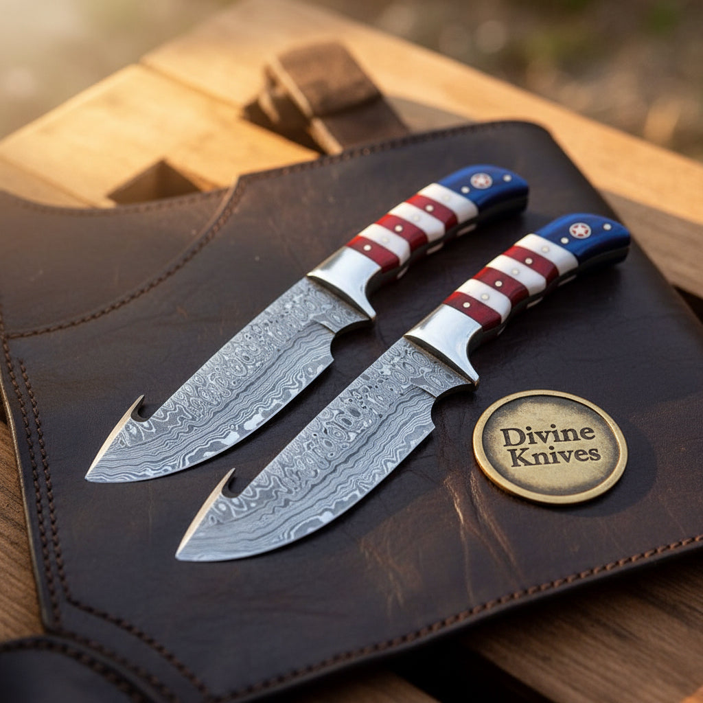 American Flag Gut Hook Hunting Knife with Damascus Blade
