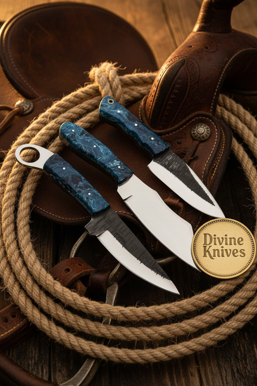 Blue Swirl Resin Damascus Hunting Knife Trio with Saw-Back Blade