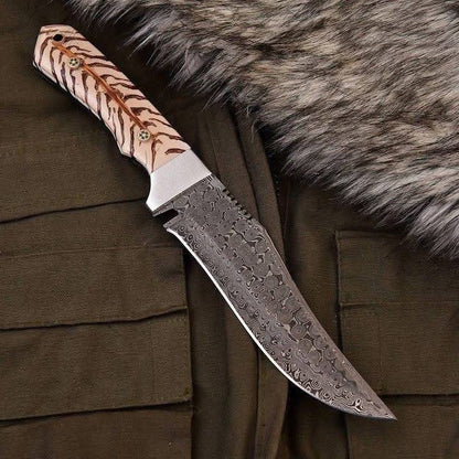 Nile Crocodile Damascus Hunting Knife with Raindrop Blade