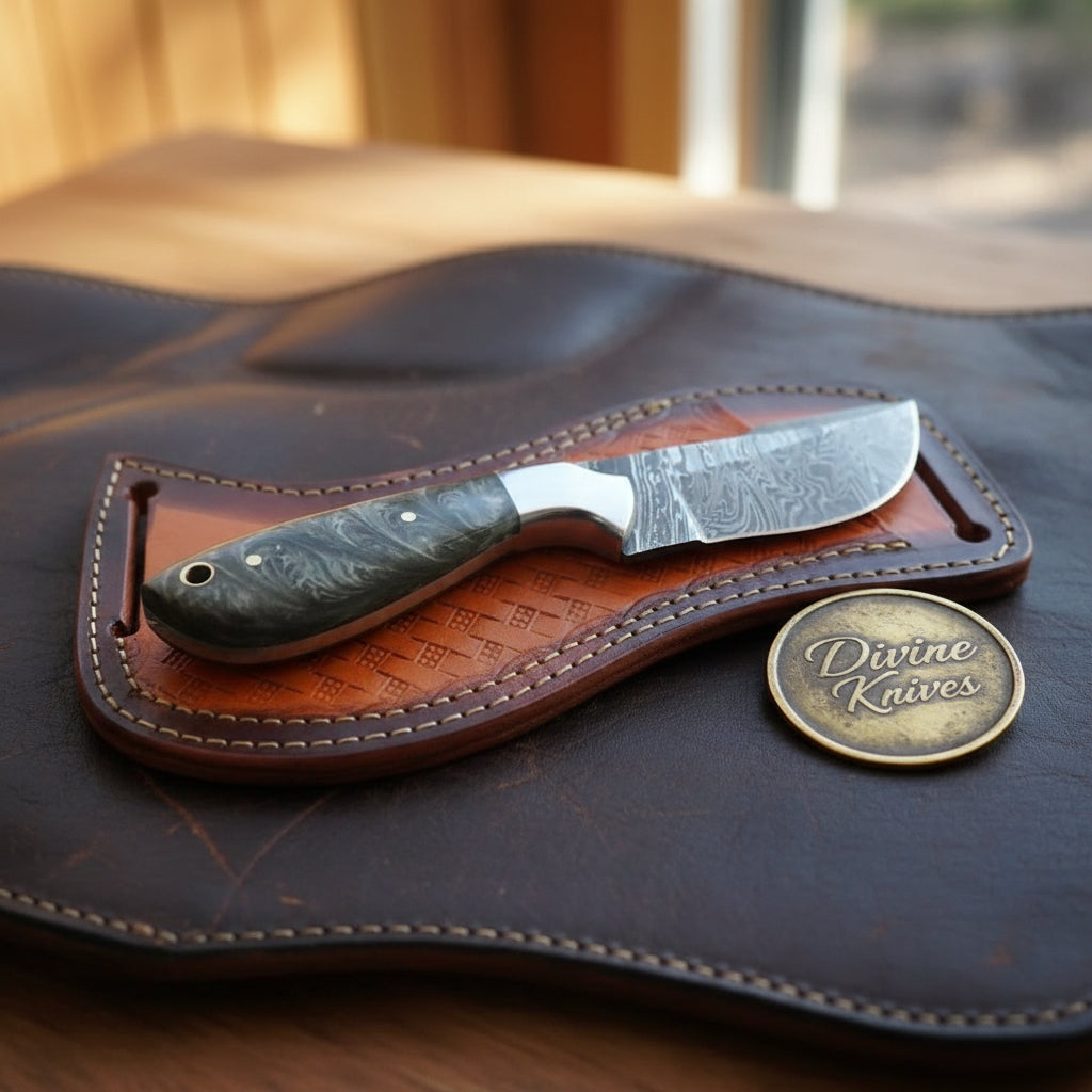 Damascus Charcoal Burl Resin Cowboy Knife with Wood Grain Blade